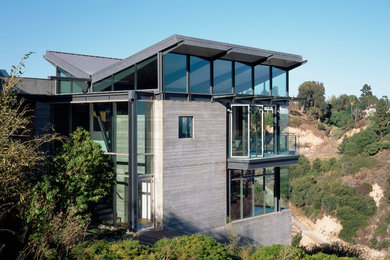 Example of a trendy gray two-story exterior home design in Los Angeles with a butterfly roof
