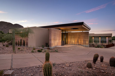 Modelo de fachada de casa marrón de estilo americano de una planta con revestimientos combinados y tejado plano