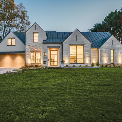 Mid-sized transitional white two-story brick gable roof idea in Dallas
