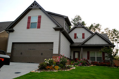 Example of a small arts and crafts gray two-story mixed siding exterior home design in Atlanta with a shingle roof