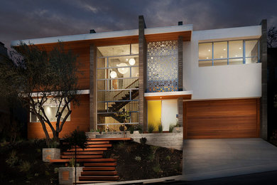 Idee per la facciata di una casa moderna a due piani con rivestimento in legno
