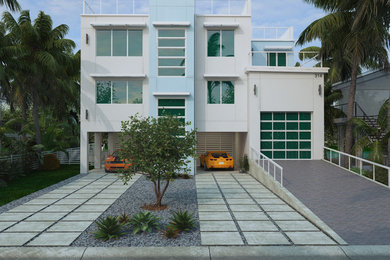 Идея дизайна: большой, трехэтажный, белый частный загородный дом в стиле модернизм с облицовкой из цементной штукатурки и плоской крышей