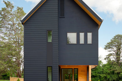 Cette image montre une façade de maison noire de taille moyenne et à un étage avec un toit à deux pans et un toit en métal.