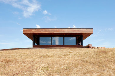 Идея дизайна: одноэтажный, деревянный частный загородный дом в стиле модернизм