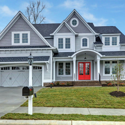 Transitional gray two-story wood exterior home idea in Richmond with a shingle roof