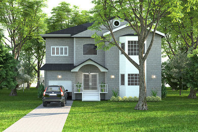 Imagen de fachada de casa gris contemporánea grande de una planta con revestimiento de ladrillo, tejado a dos aguas y tejado de teja de barro