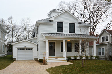 Coastal white two-story concrete fiberboard house exterior idea in New York with a hip roof and a mixed material roof