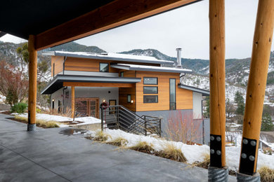 Cette photo montre une façade de maison multicolore tendance de taille moyenne avec un revêtement mixte, un toit en appentis et un toit en métal.