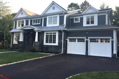 Inspiration for a medium sized and gey traditional two floor detached house in New York with mixed cladding, a pitched roof and a shingle roof.