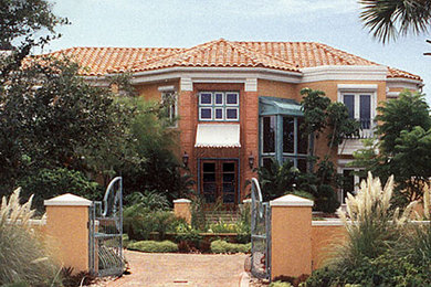 タンパにあるラグジュアリーな地中海スタイルのおしゃれな家の外観 (漆喰サイディング) の写真