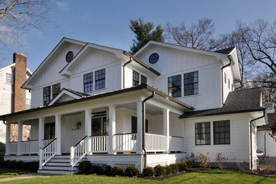 Photo of a medium sized and white farmhouse detached house in New York with three floors, wood cladding, a hip roof and a shingle roof.