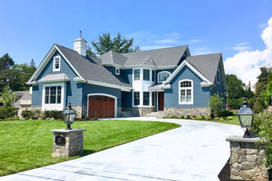 Large craftsman blue two-story concrete fiberboard exterior home idea in Philadelphia with a shingle roof