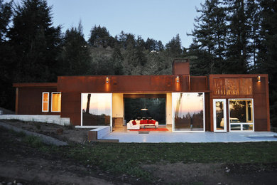 Cette photo montre une façade de maison métallique industrielle de plain-pied avec un toit plat.