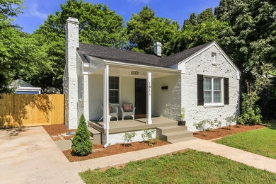Inspiration for a small and white classic bungalow brick detached house in Raleigh with a pitched roof and a shingle roof.
