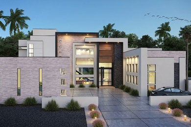 Design ideas for a large and white modern two floor detached house in Other with metal cladding and a flat roof.