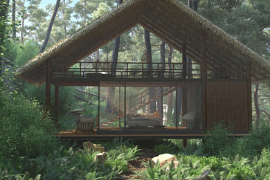 Small tropical brown two-story wood house exterior idea in Other with a shed roof and a green roof