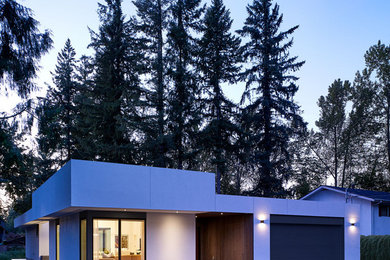 Imagen de fachada de casa blanca moderna de tamaño medio de una planta con revestimiento de estuco y tejado plano