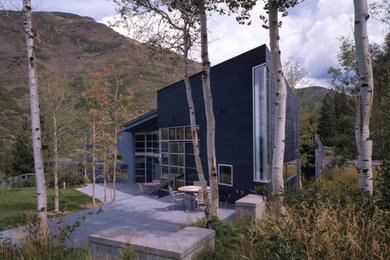 Modelo de fachada de casa azul actual grande de una planta con revestimiento de metal y tejado de metal