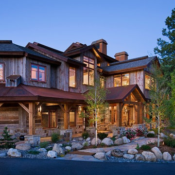 Front Exterior, Reclaimed wood siding, hand hewn logs, Telluride Stone, Steamboa