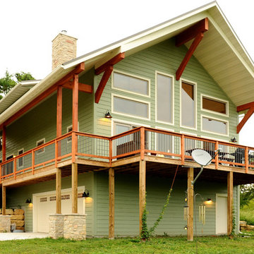 Front View, covered porch and deck