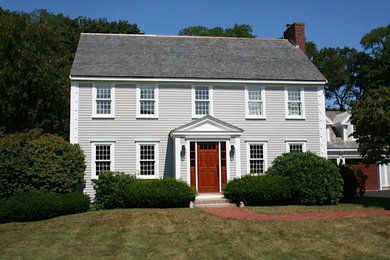 Mid-sized elegant gray two-story wood exterior home photo in Boston with a shingle roof