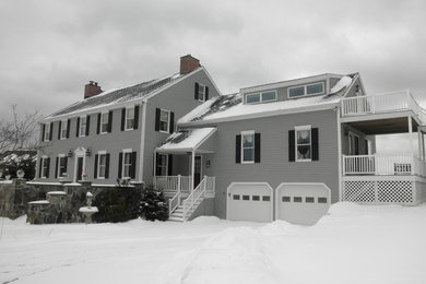 Large transitional gray three-story wood gable roof idea in Boston