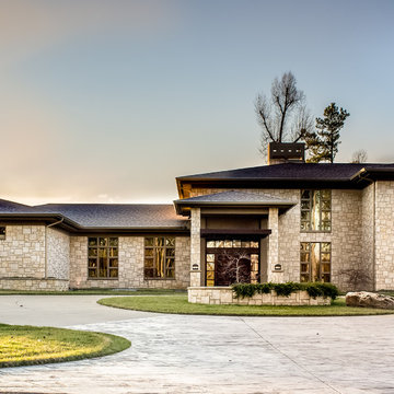 Gorgeous Light Stone Facade with Dark Wood Trim