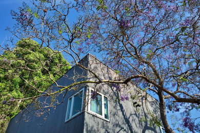 低価格の小さなインダストリアルスタイルのおしゃれな家の外観 (メタルサイディング) の写真