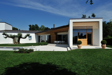 Immagine della facciata di una casa moderna con rivestimento in legno