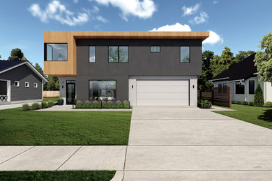 Ejemplo de fachada de casa gris moderna de tamaño medio de dos plantas con revestimiento de madera, tejado plano y techo verde