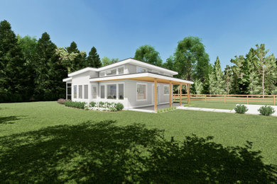 Foto de fachada de casa blanca minimalista pequeña de una planta con revestimiento de aglomerado de cemento, tejado de un solo tendido y tejado de metal