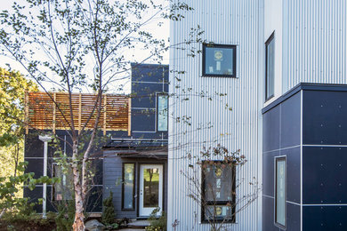 ボストンにあるモダンスタイルのおしゃれな家の外観 (コンクリート繊維板サイディング、アパート・マンション、混合材屋根) の写真