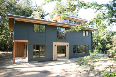 Mid-sized modern gray two-story concrete fiberboard gable roof idea in Vancouver