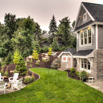 Small elegant gray two-story mixed siding exterior home photo in Minneapolis with a shingle roof