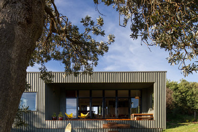 Idée de décoration pour une façade de maison container verte design en bois de plain-pied avec un toit plat.