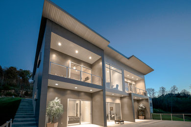 Modelo de fachada de casa gris minimalista de tamaño medio de dos plantas con revestimiento de piedra, tejado de un solo tendido y tejado de metal