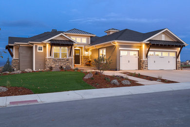 Large transitional brown two-story mixed siding exterior home photo in Denver with a hip roof
