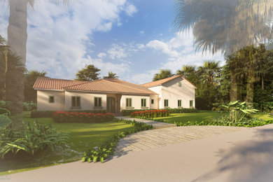 Ejemplo de fachada de casa blanca mediterránea grande de una planta con revestimiento de estuco, tejado a dos aguas y tejado de teja de barro