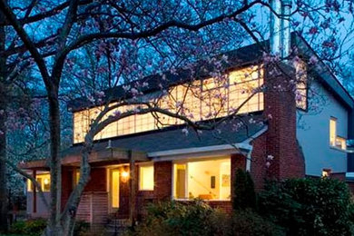 Inspiration for a medium sized and white contemporary two floor detached house in Denver with mixed cladding, a pitched roof and a shingle roof.