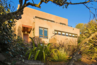 Foto de fachada de casa marrón actual de tamaño medio de dos plantas con revestimiento de estuco y tejado plano