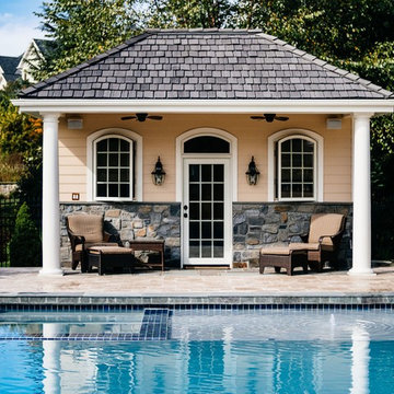 Hip roof at pool house, Cabana, Hand Split Shakes, Weathered gray.