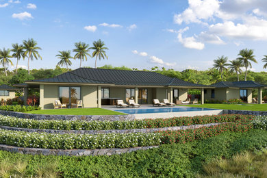 Diseño de fachada de casa beige tropical de tamaño medio de una planta con revestimiento de estuco, tejado a cuatro aguas y tejado de metal