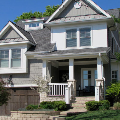 Mid-sized traditional gray two-story mixed siding exterior home idea in Chicago with a shingle roof