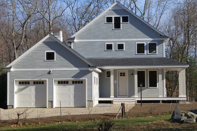 Mid-sized traditional gray two-story wood gable roof idea in Boston