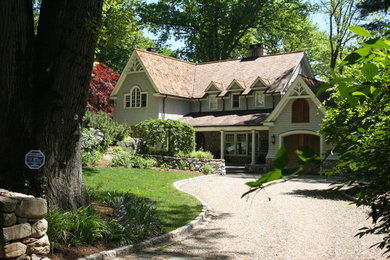 Large craftsman gray two-story mixed siding exterior home idea in New York with a shingle roof