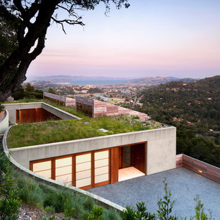 Exemple d'une façade de maison tendance avec un toit végétal.