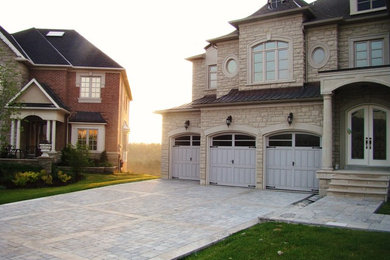 Large mountain style beige two-story stone gable roof photo in Toronto