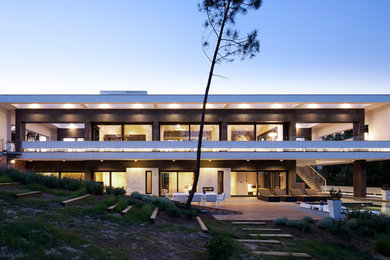 Esempio della facciata di una casa ampia bianca moderna a due piani con rivestimenti misti e tetto piano