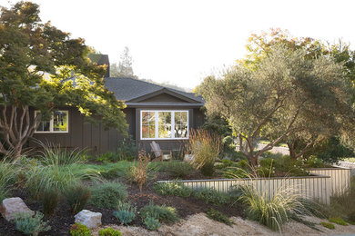 Example of a mid-sized transitional black one-story wood house exterior design in San Francisco with a hip roof and a shingle roof