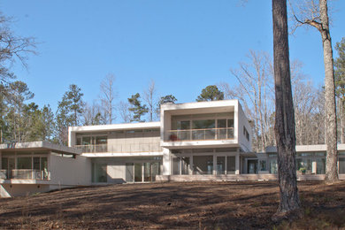 Cette image montre une façade de maison blanche minimaliste en stuc de taille moyenne et à un étage avec un toit plat et un toit mixte.
